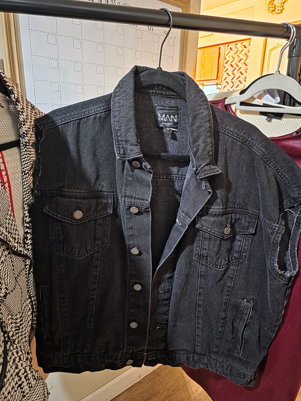 Boohoo MAN Black Denim Vest Jacket with Button-Front